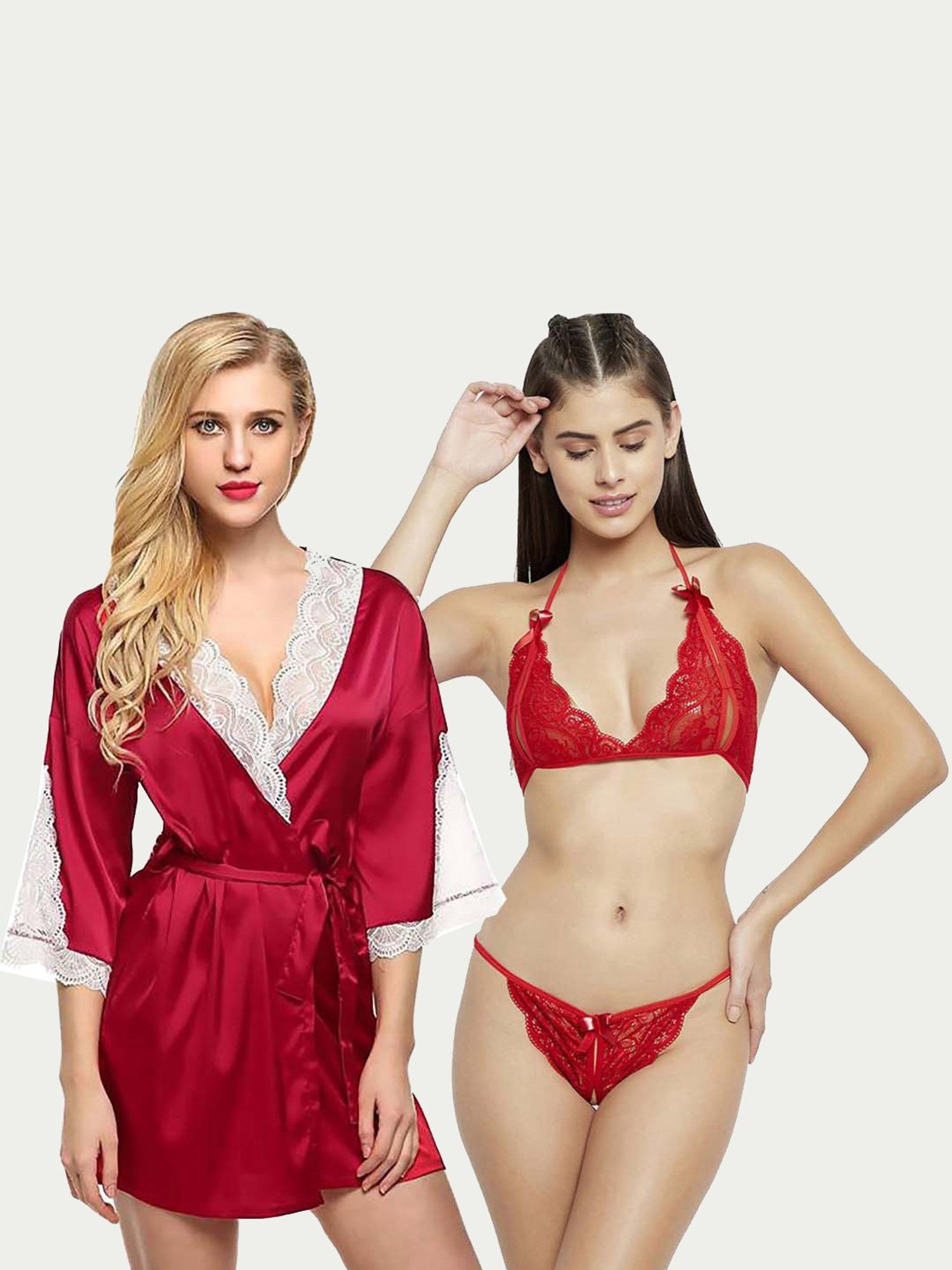 AROUSY Red Self Pattern Baby Doll with Lingerie Set