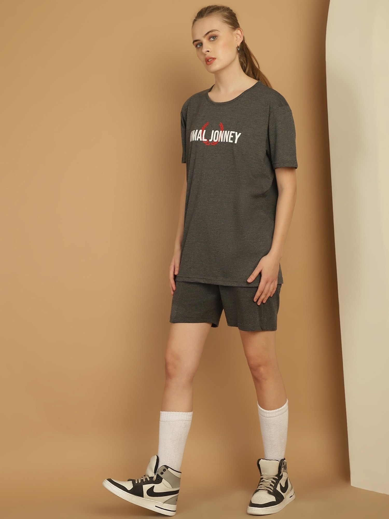 Vimal Jonney Grey Cotton Logo Print T-Shirt & Shorts Set