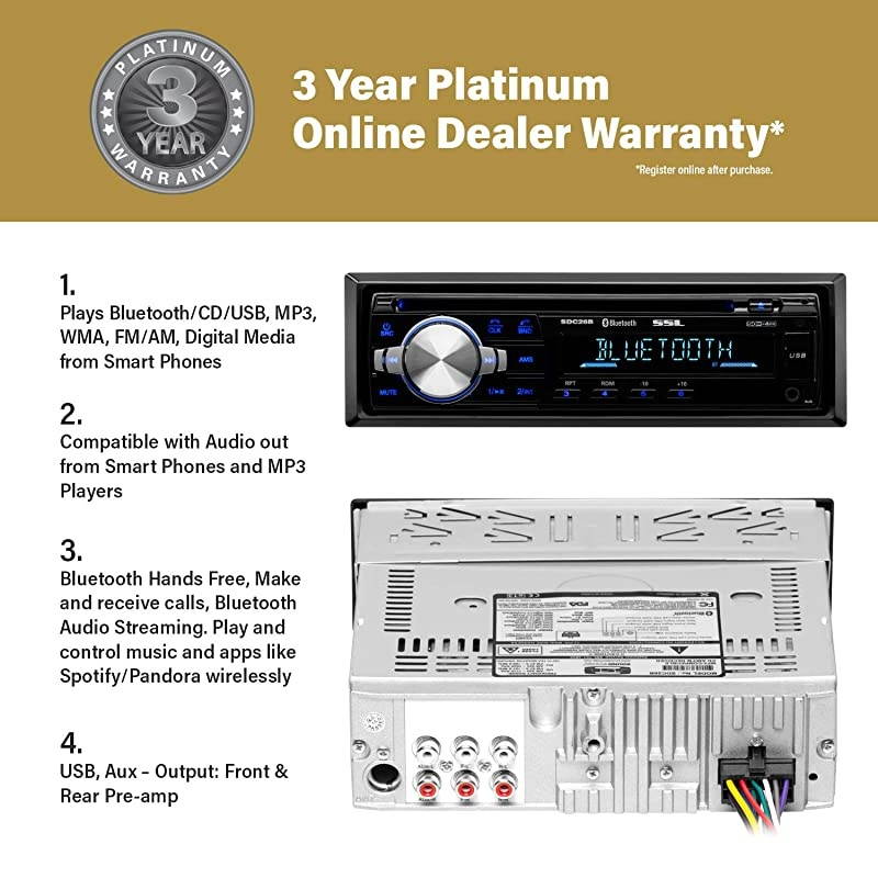 SDC26B Car Stereo Single Din Bluetooth Audio and HandsFree Calling Builtin Microphone MP3 Player CD USB Port AUX Input AMFM Radio Receiver Wireless Remote Control