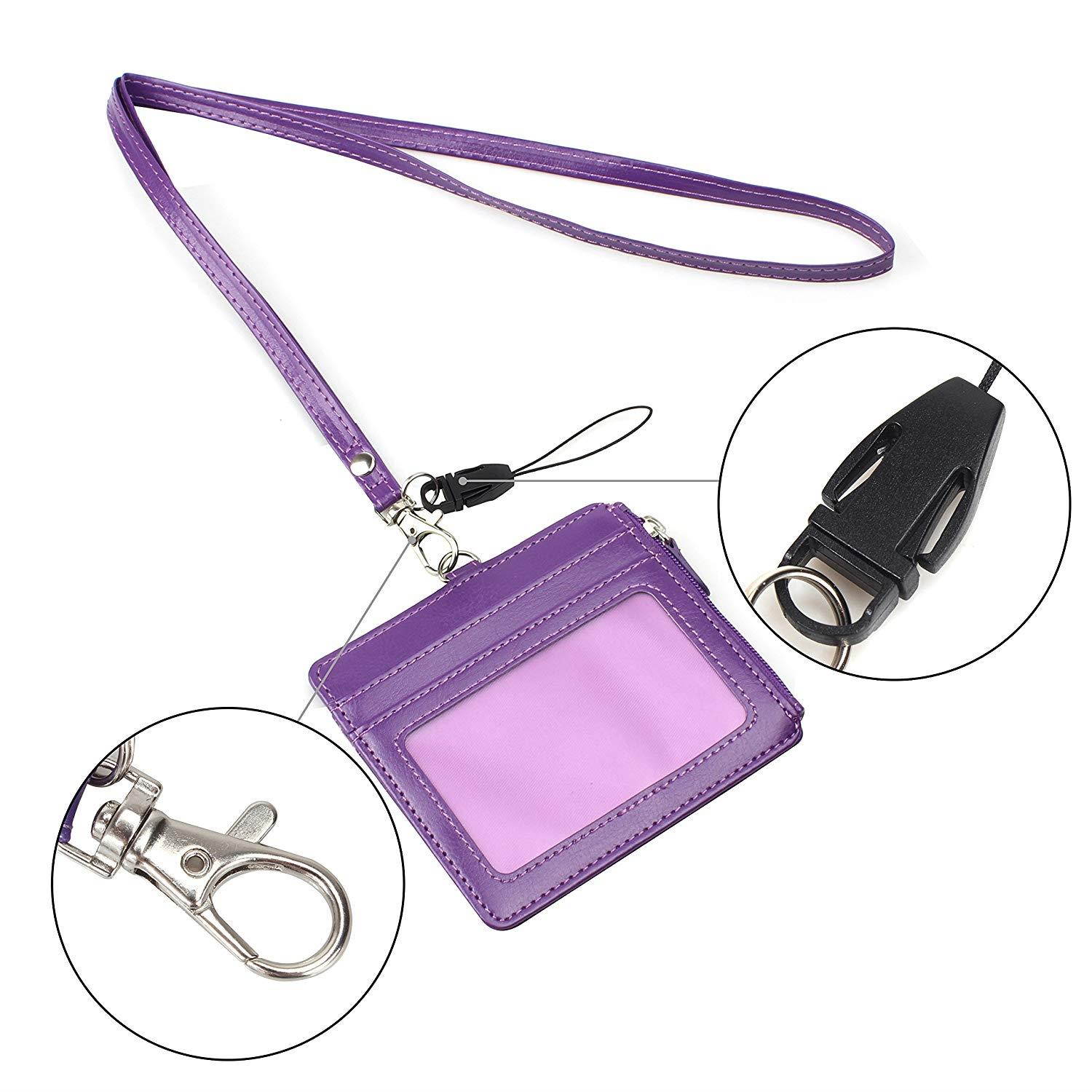 Badge Holder with Zip, Wisdompro 2-Sided PU Leather ID Badge Holder with 1 ID Window, 4 Card Slots, 1 Side Zipper Pocket and 1 piece 20" PU Neck Lanyard/Strap - Purple (Horizontal)