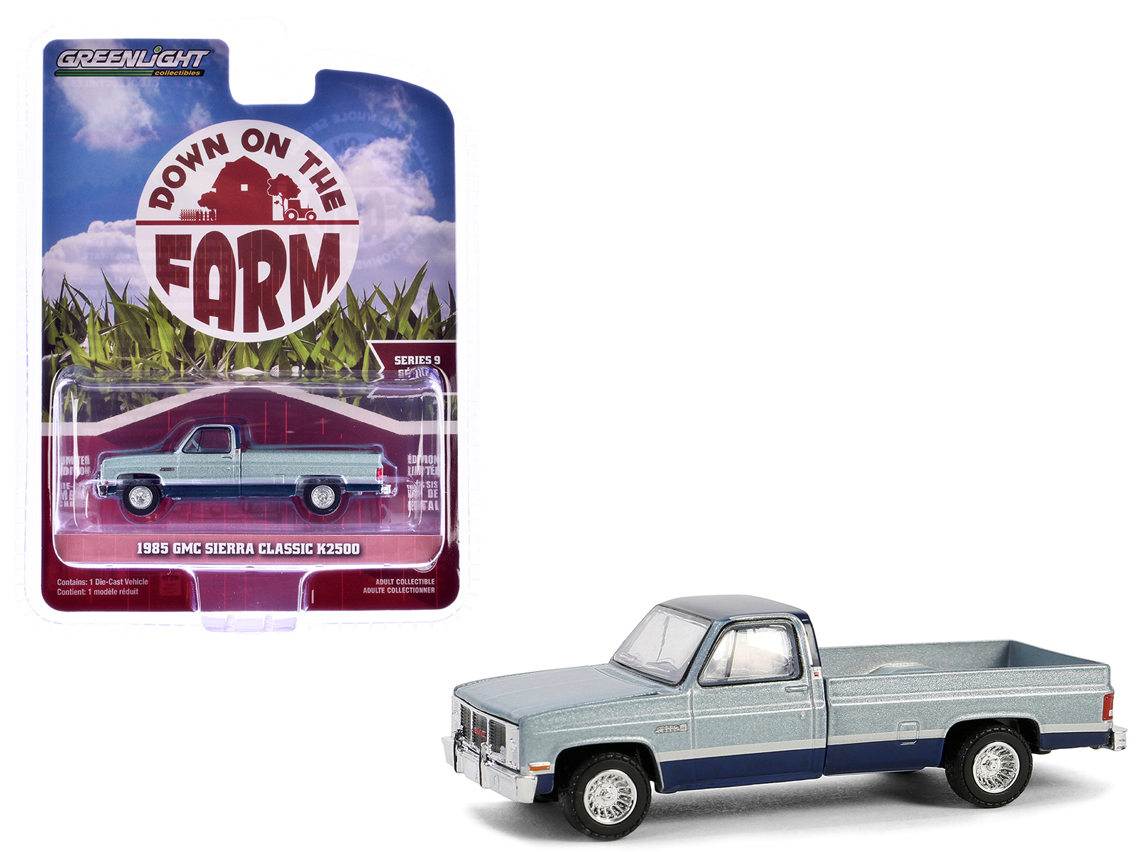 1985 GMC Sierra Classic K2500 Pickup Truck Silver Metallic and Midnight Blue "Down on the Farm" Series 9 1/64 Diecast Model by Greenlight