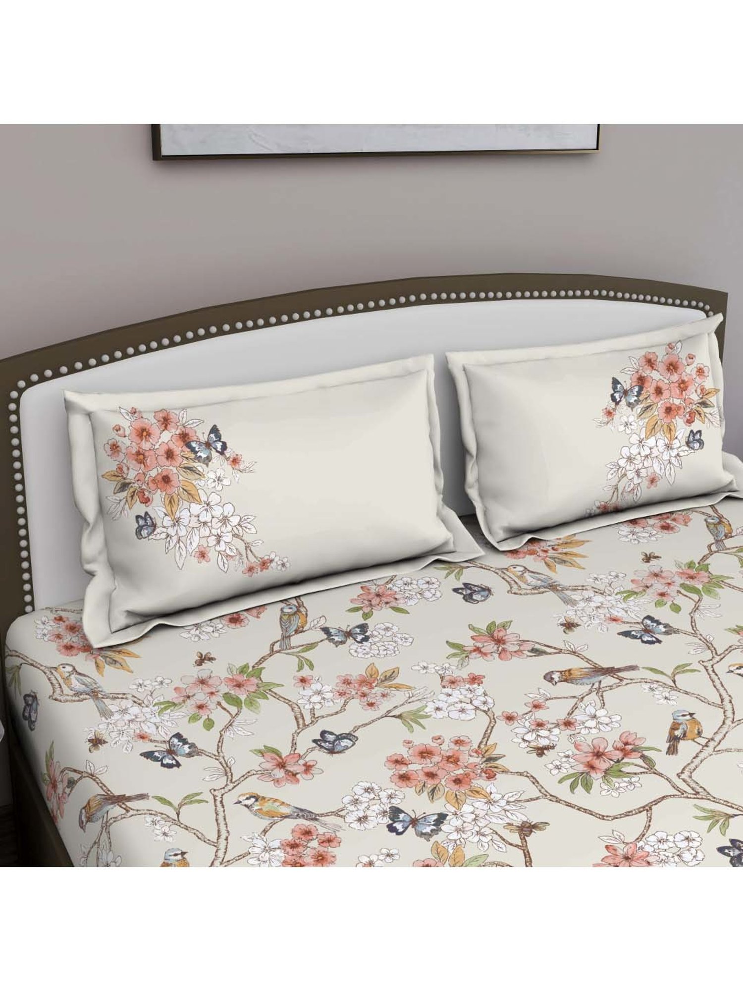 GM 'Fiesta' Beige & Peach Cotton 180 TC Double Bedsheet with 2 Pillow Covers