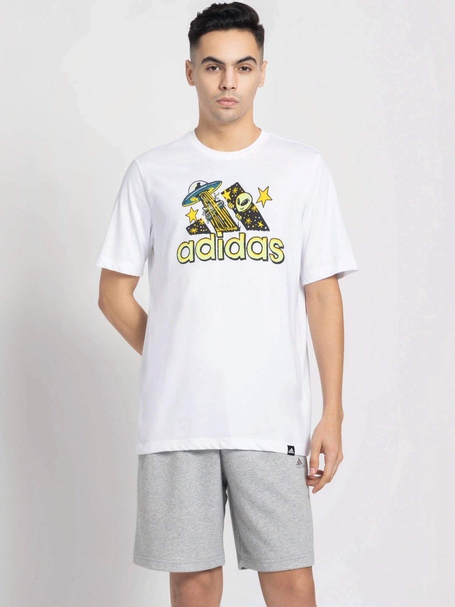 Adidas White Cotton Regular Fit Logo Printed T-Shirt
