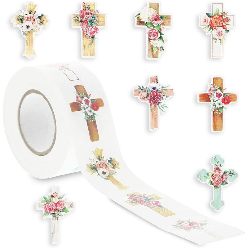 500-Count Christian Stickers, 1 Roll of Floral Cross Labels for Christening Baptism Parties
