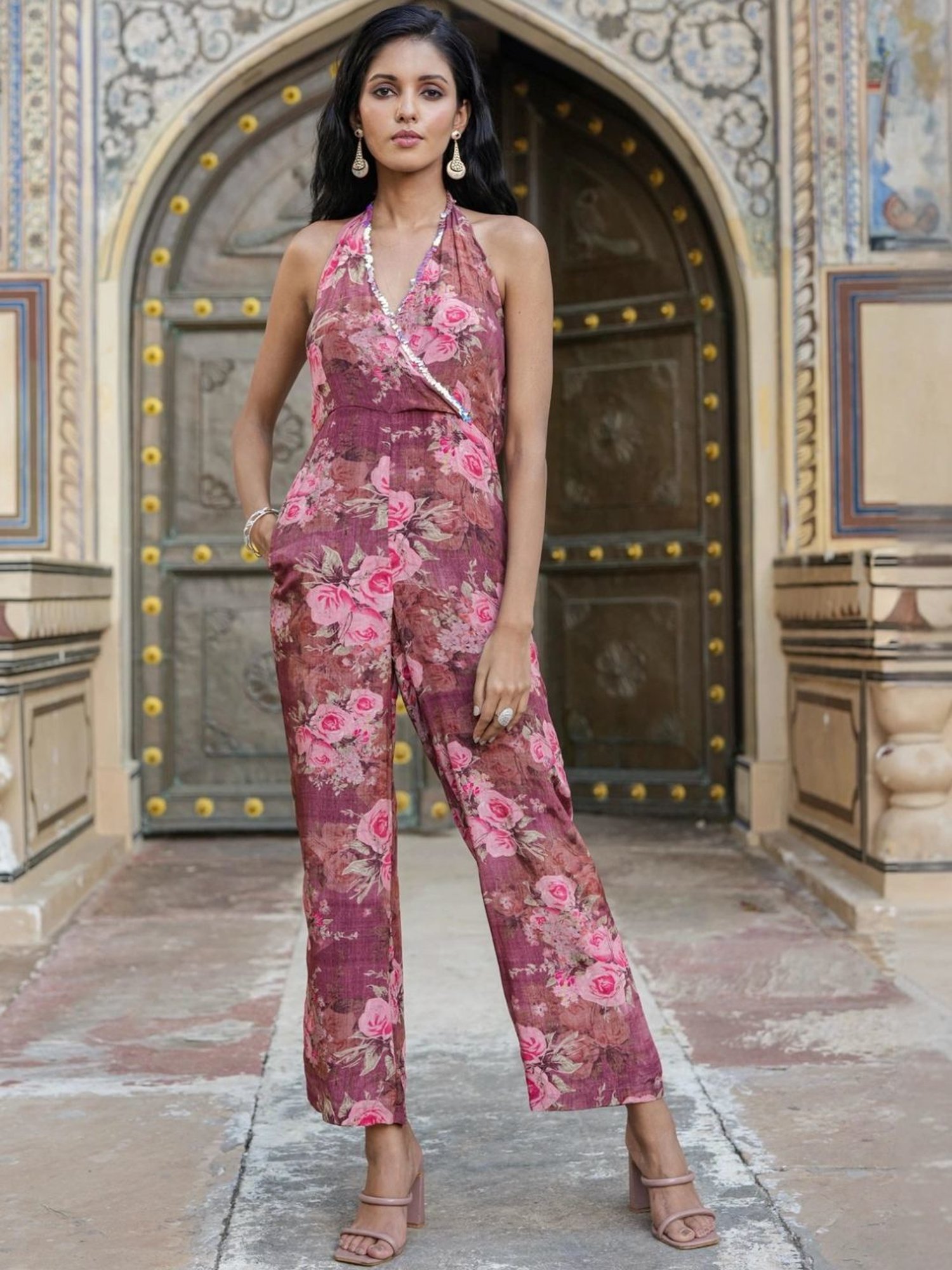 Scakhi Mauve Crepe Silk Floral-Solid Jumpsuit With Cape