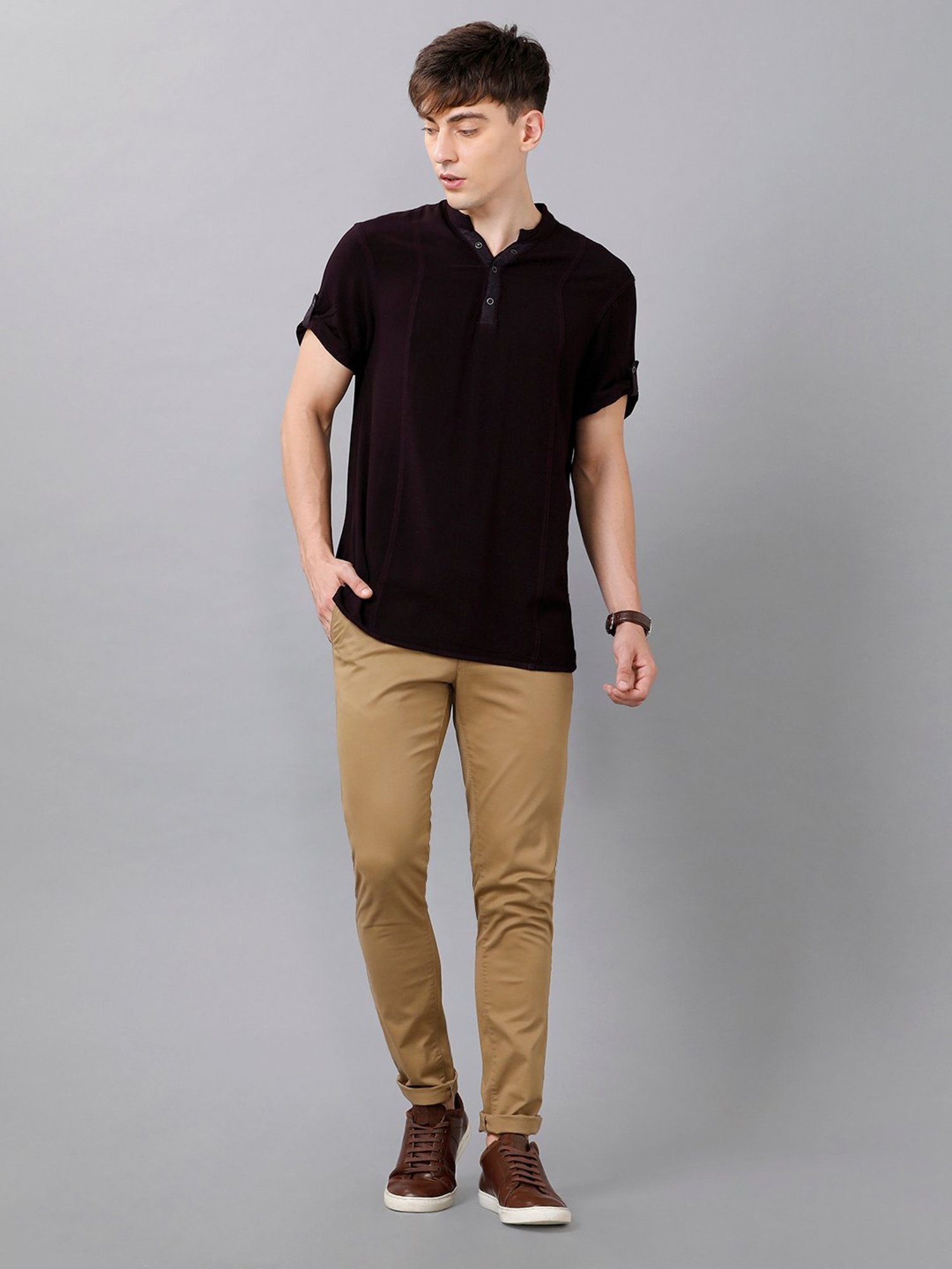 Identiti Dark Wine Mandarin Collar Short Kurta