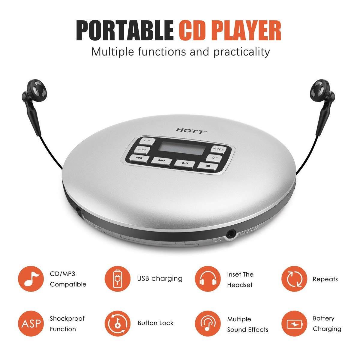 Portable CD Player HOTT Walkman CD Player LCD Display Anti-Skip Protection Shockproof Function Only Support 5 Formats CD CD-R CD-RW MP3 CD-DA WMA Audio Files Silver