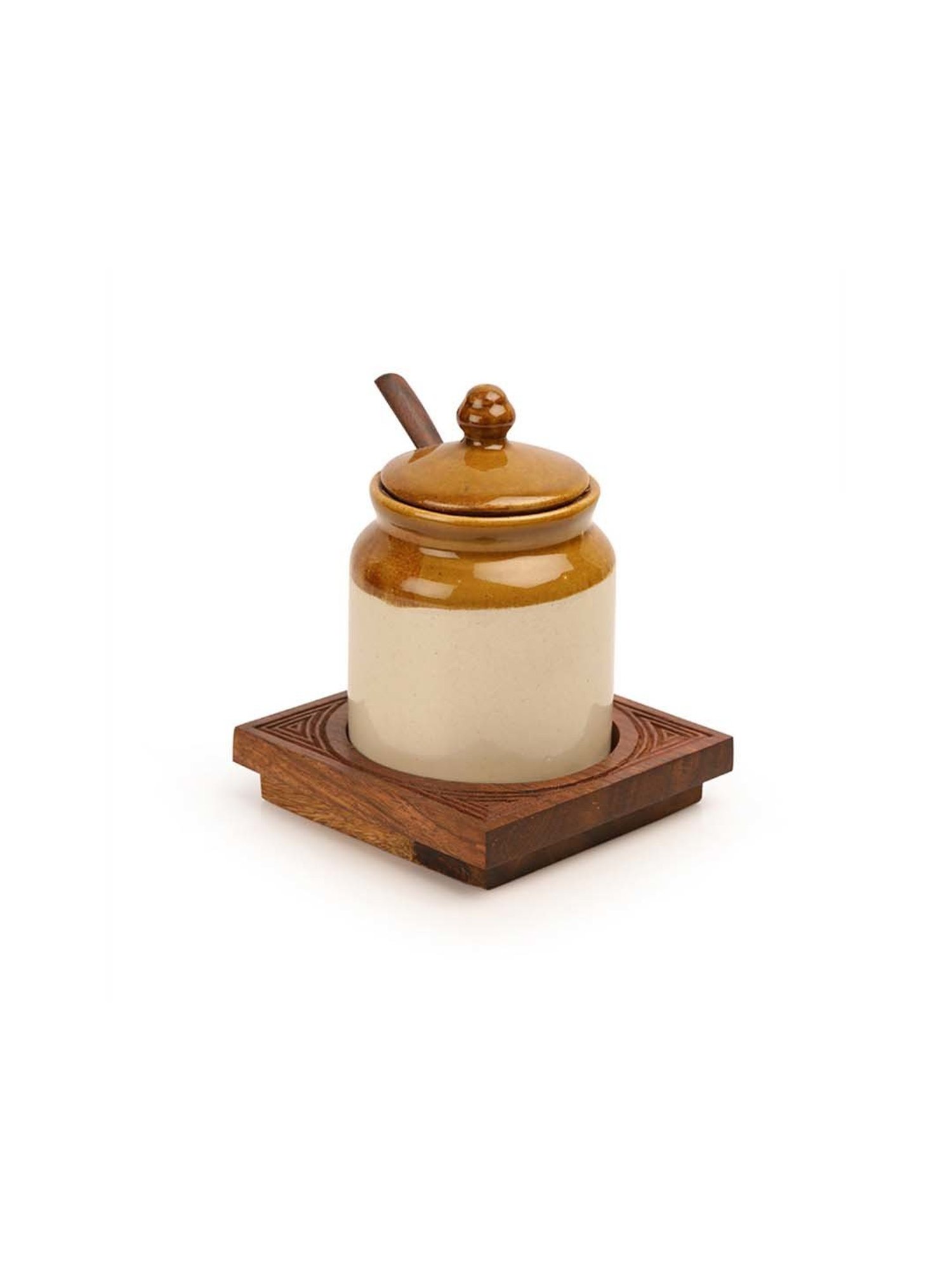ExclusiveLane Old Fashioned Ceramic Jar With Hand Carved Tray