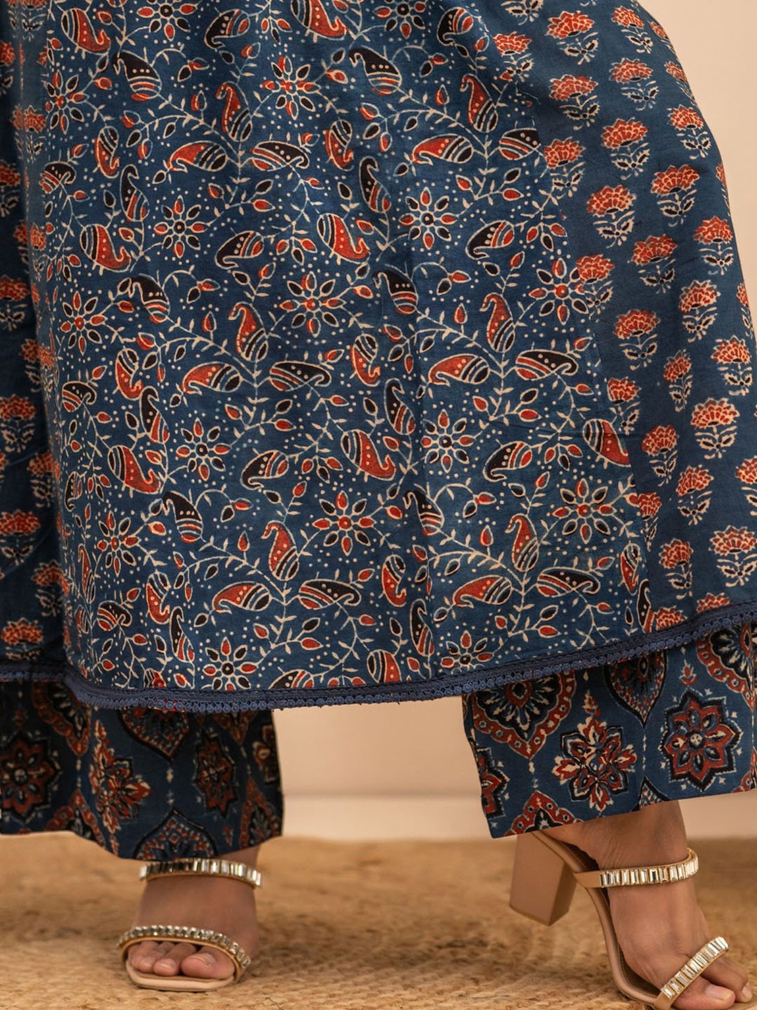 Love Chic Ajrakh A-Line Kurta with cowrie shells and crochet lace detailing