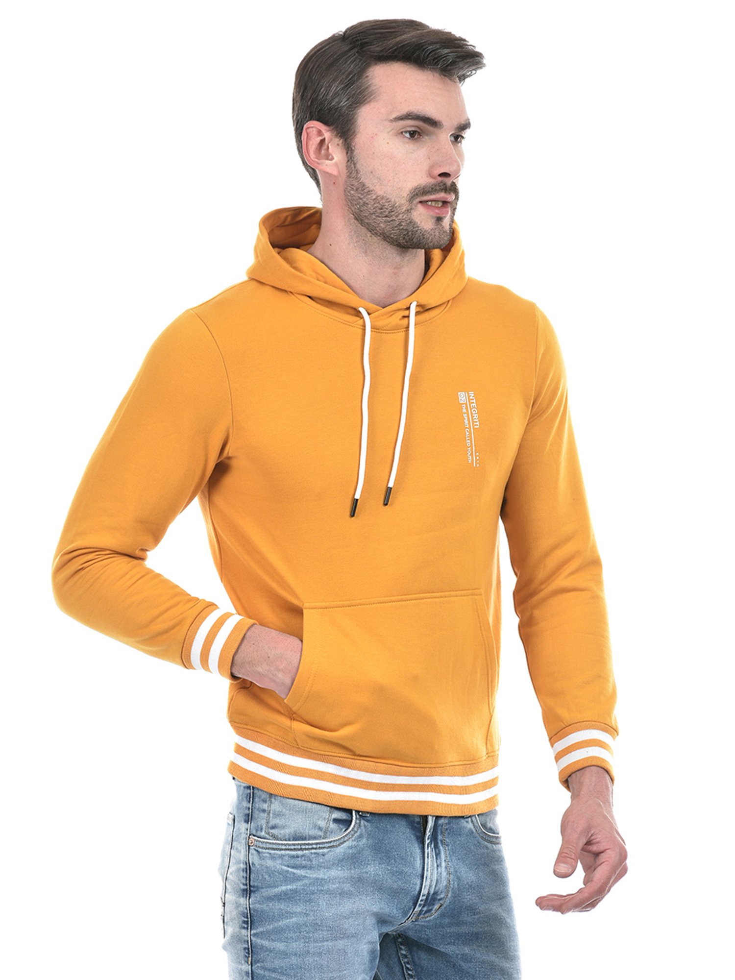 Integriti Mustard Regular Fit Striped Hooded Sweatshirt