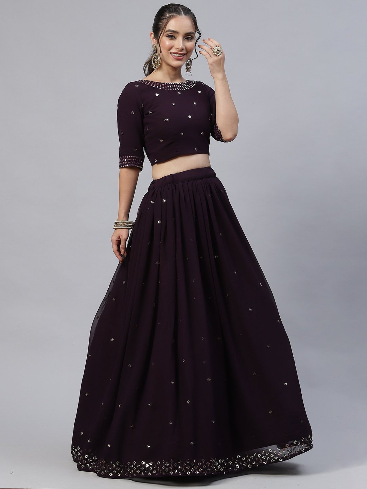 SHUBHKALA Dark Purple Embellished Lehenga Choli Set With Dupatta