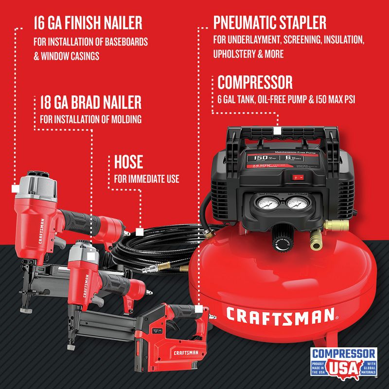 Craftsman CMEC3KITR 0.8 HP 6 Gallon Oil-Free Pancake Air Compressor with 3 Nailers Combo Kit