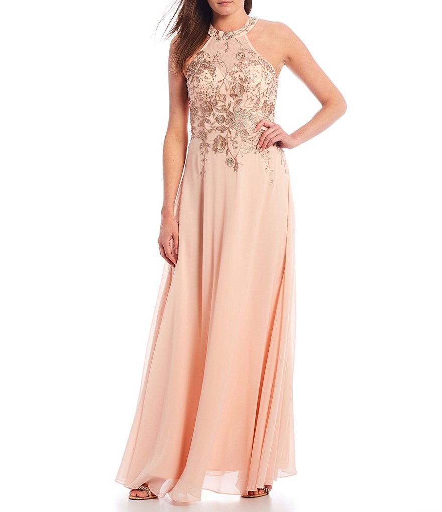 Betsy & Adam Halter Floral Embroidered Chiffon Gown
