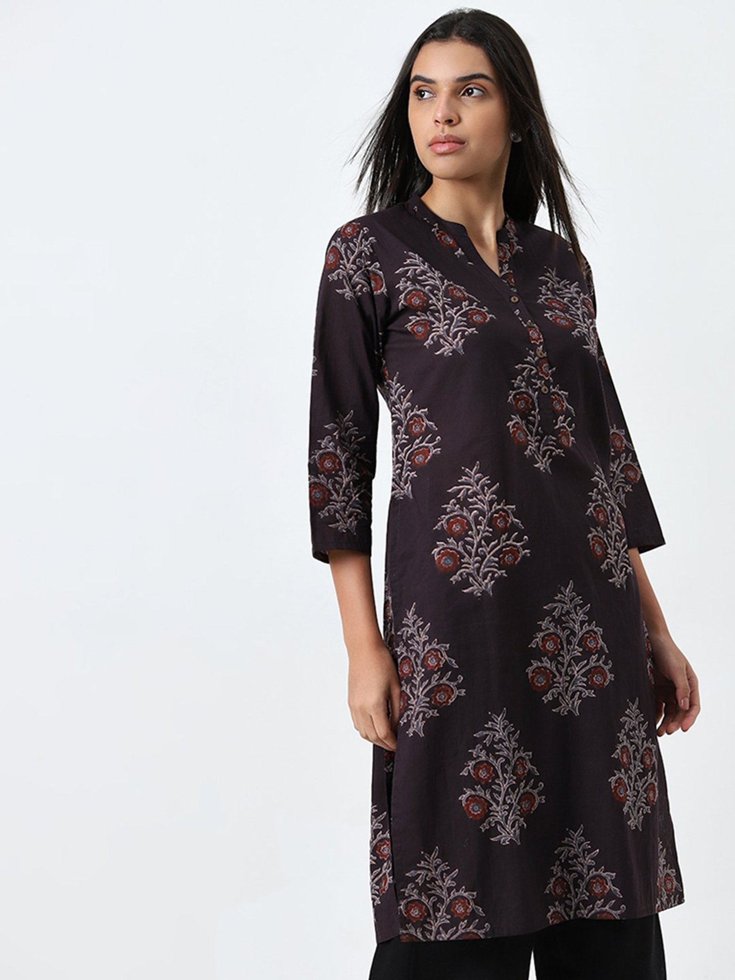 Utsa by Westside Charcoal Floral Printed Straight Cotton Kurta