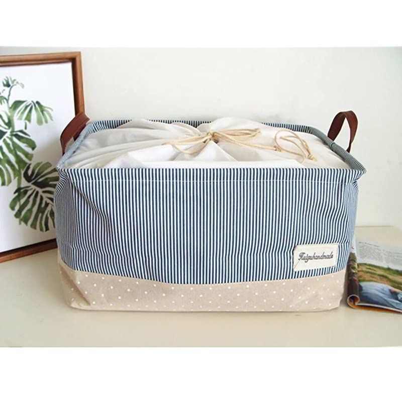 17Inches Large Storage Basket Available 15 and 17 InchesWidth Drawstring Square Cotton Linen Collapsible Toy Basket Navy Blue L