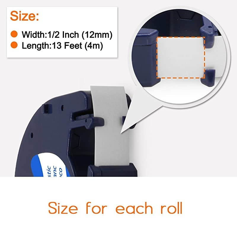 Compatible Label Tape Replacement for DYMO 12mm x 4m 12 in x 13 ft White LetraTag Refills Plastic Label Maker Tape Compatible with DYMO LetraTag LT100H XR 4Roll