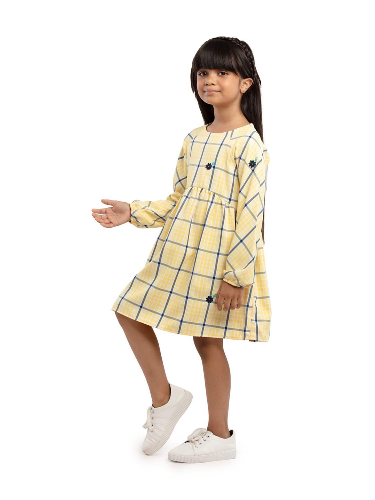Under Fourteen Only Kids Yellow Cotton Chequered Full Sleeves Dress