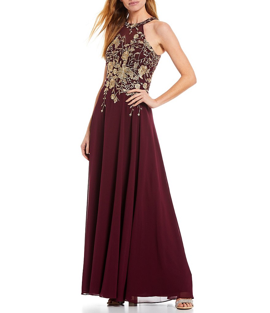 Betsy & Adam Halter Floral Embroidered Sleeveless Chiffon Gown