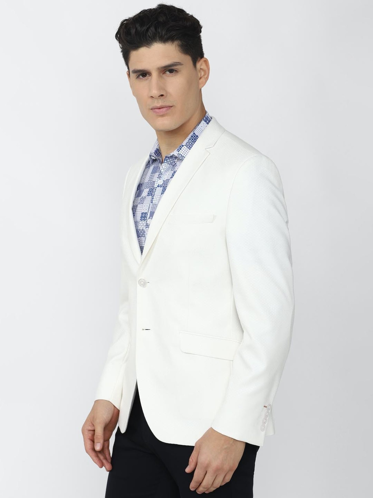 V Dot White Skinny Fit Blazer