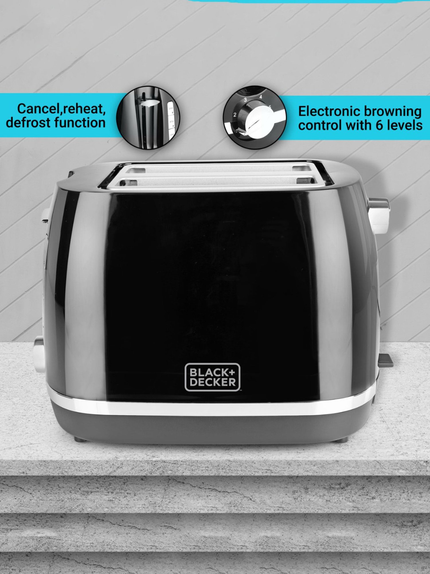 Black+Decker BXTO0202IN Toaster 870W with Bun Warmer & Browning Control (Black)