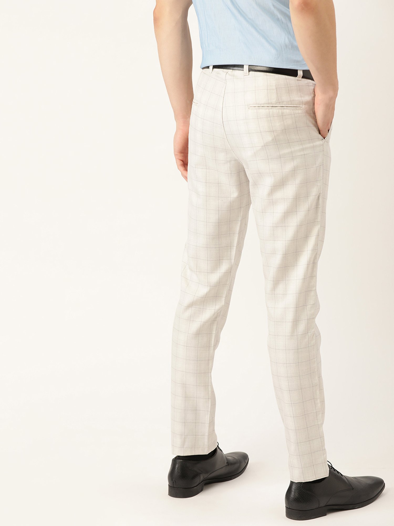 Sojanya Cream Cotton Regular Slim Fit Checks Flat Front Trousers