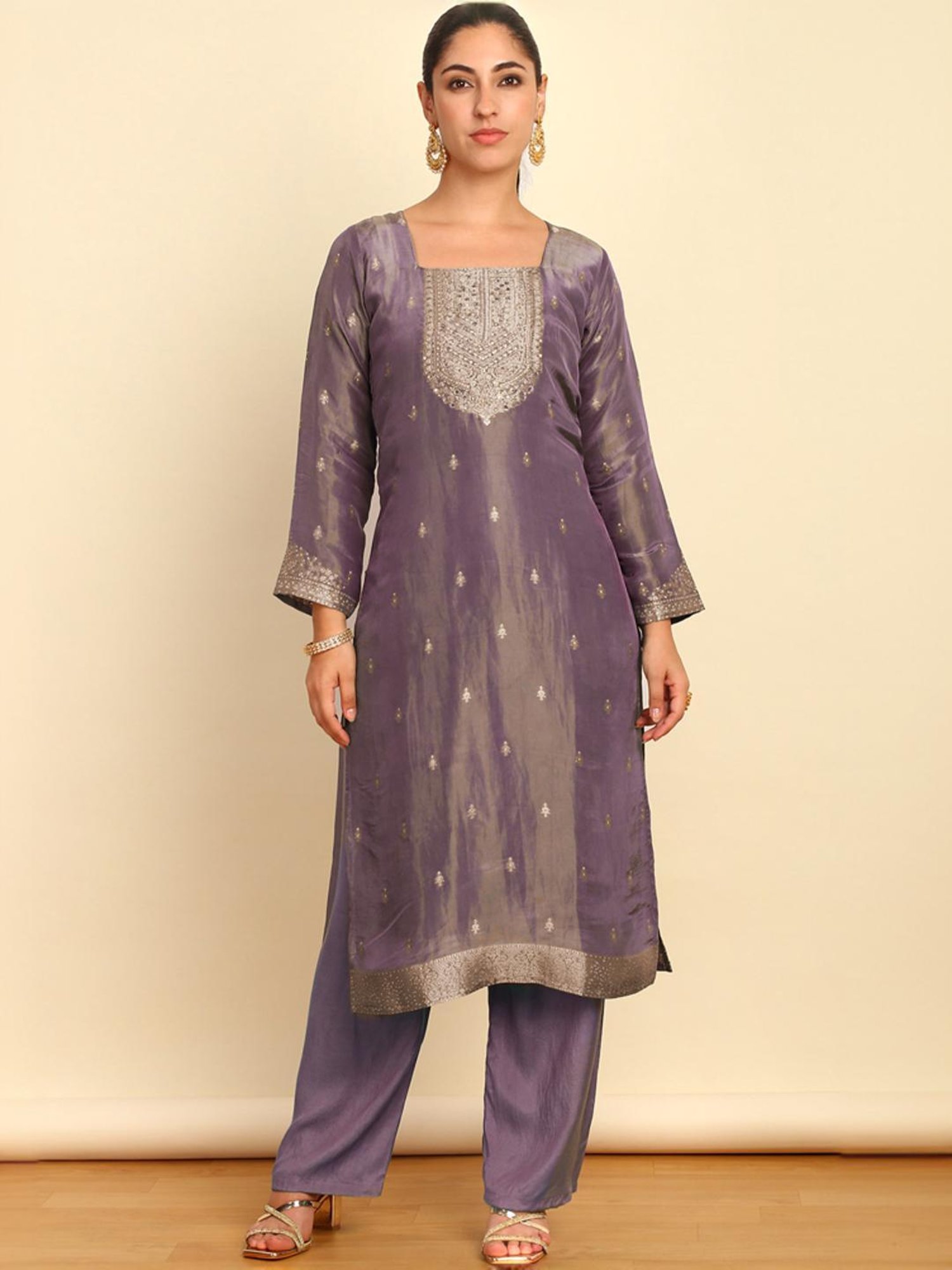 Soch Womens Purple Silk Blend Zari Woven Unstitch Dress Material With Mirror And Cutdana