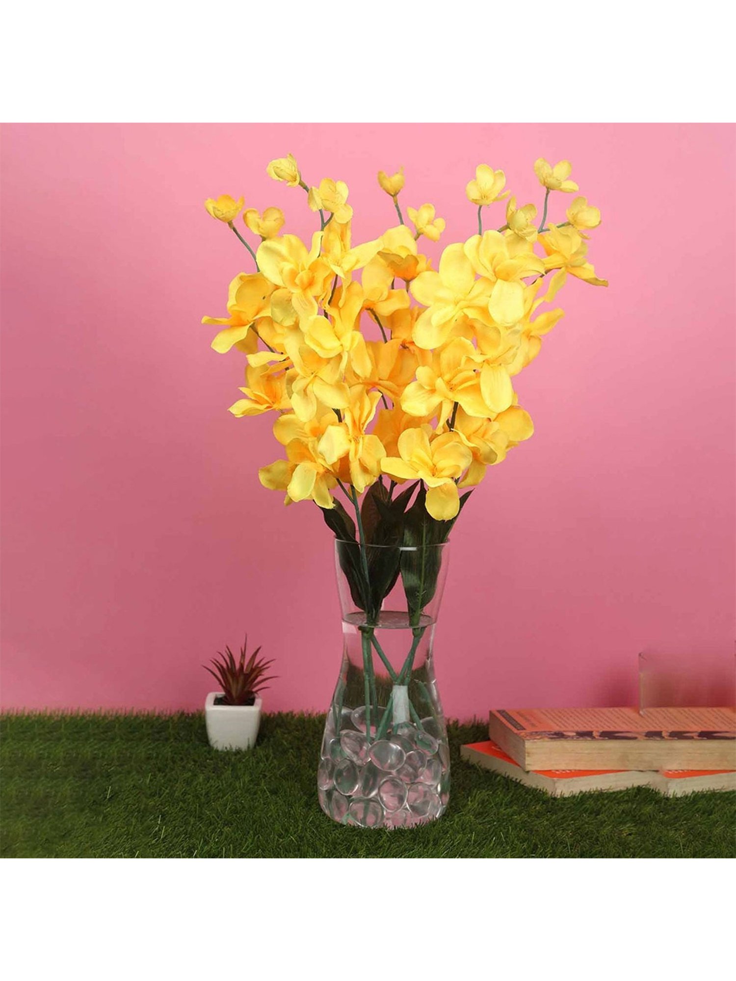 Amflix Yellow Artificial Bonsai Orchid Flower Plant Without Pot