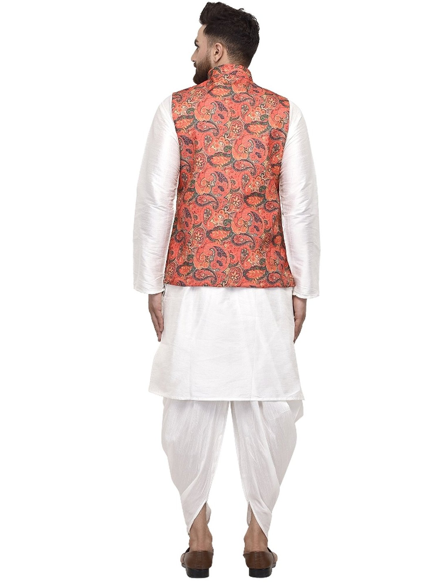 Benstoke White & Orange Regular Fit Paisley Kurta Set With Jacket