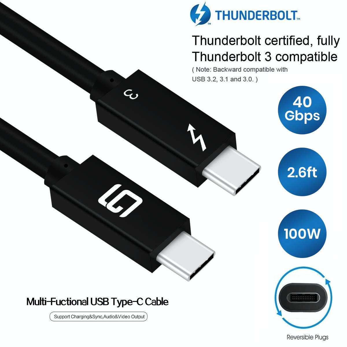 Thunderbolt 3 Cable (40Gbps) SuperSpeed [Intel Certified] USB-C to USB-C 100W TPE Dual 4k or Single 5k @60hz Display (2.6ft/40Gbps Thunderbolt 3 (TPE)