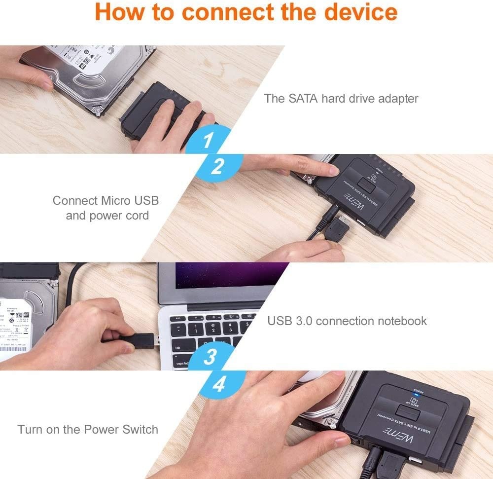 WEme USB 3.0 to SATA IDE Adapter with Universal 2.5 3.5 Hard Drive Disk Converter for HDD SSD and IDE HDD Support 12TB and One-Touch Backup Include 12V 2A Power Adapter and USB 3.0 Cable for Laptop