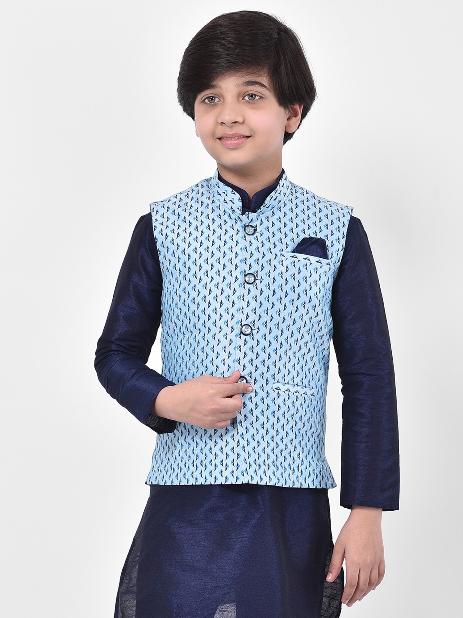 Deyann Kids Blue Printed Nehru Jacket