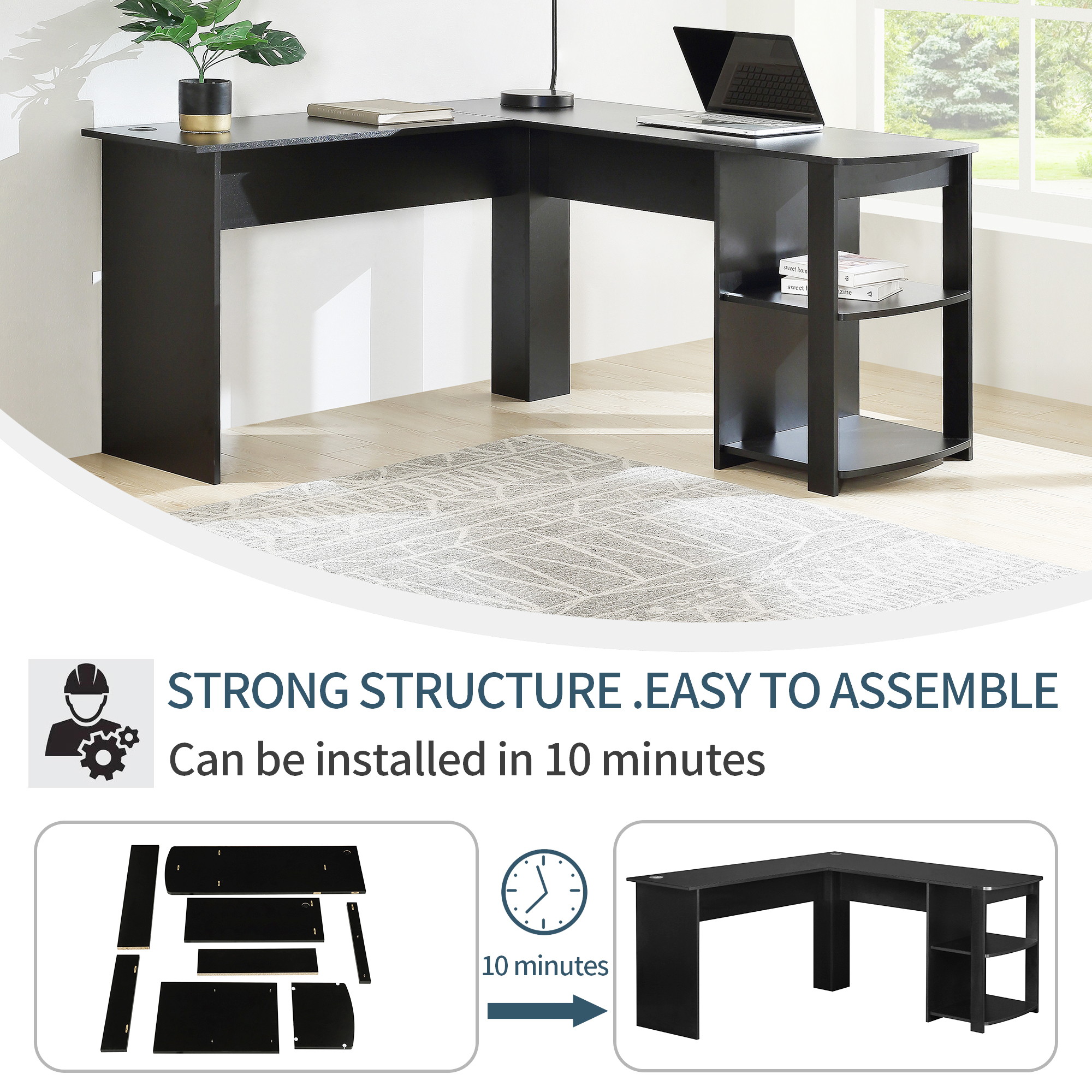 L-Shaped Corner Desk Gaming Desk Home Office Desk Computer Desk Study Workstation Furniture with 2 Open Storage Bookshelves NO Tool Assemble Required(Black)