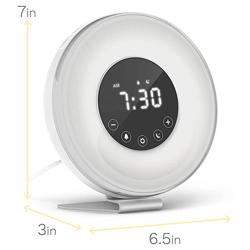 Alarm Clock Wake 6 Nature Sounds FM Radio Color Light Bedside Sunrise SimulatorTouch Control for Heavy SleepersWhite