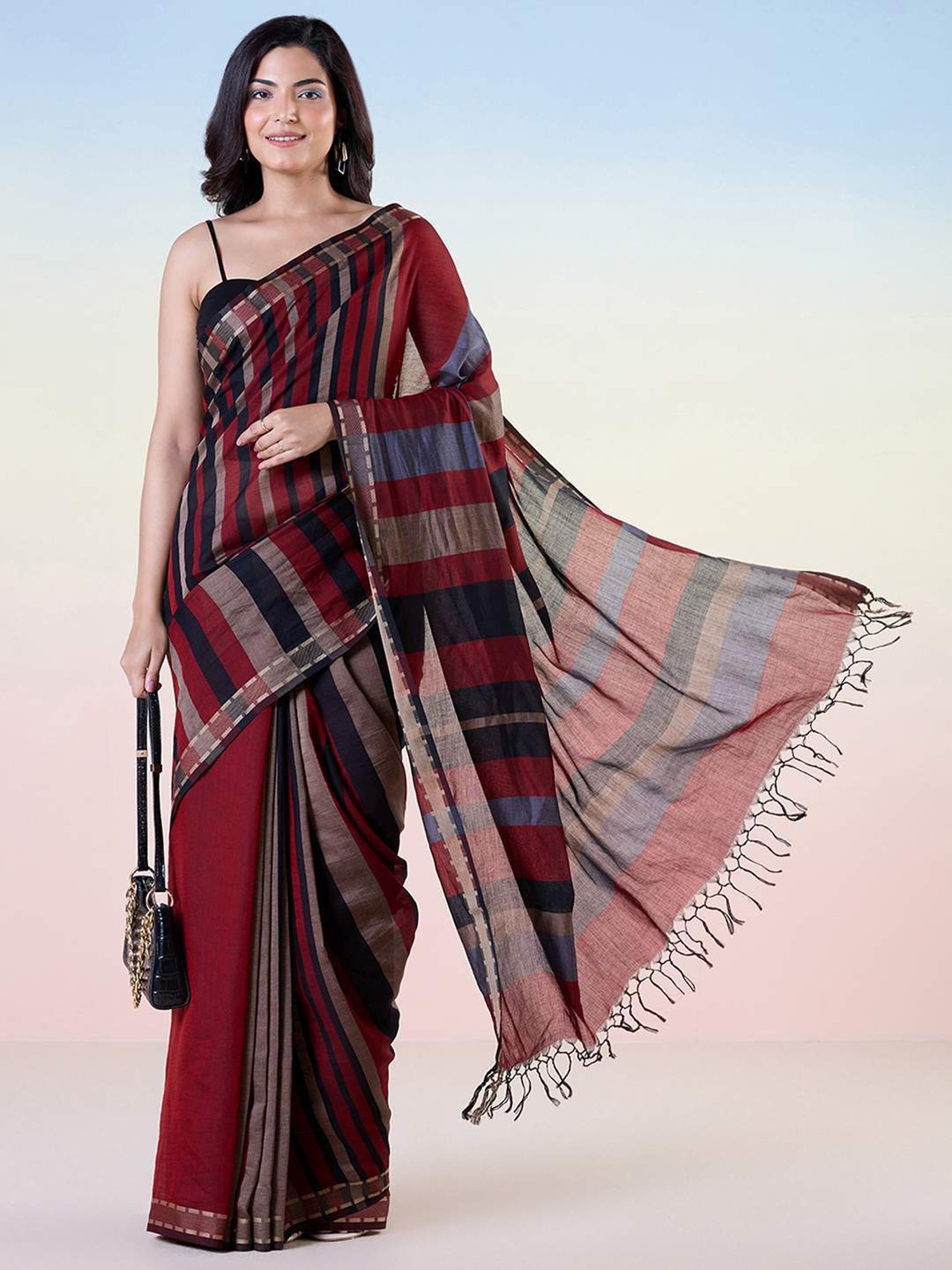 navyasa by liva Maroon Woven Saree With Unstitched Blouse