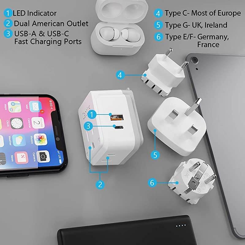 European Power Plug Adapter Travel Set by  Safe Dual USB amp USBC 2 USA Socket Compact amp Powerful Use in Germany France Italy UK Includes Type EF Type C Type G SWadAPt Attachments