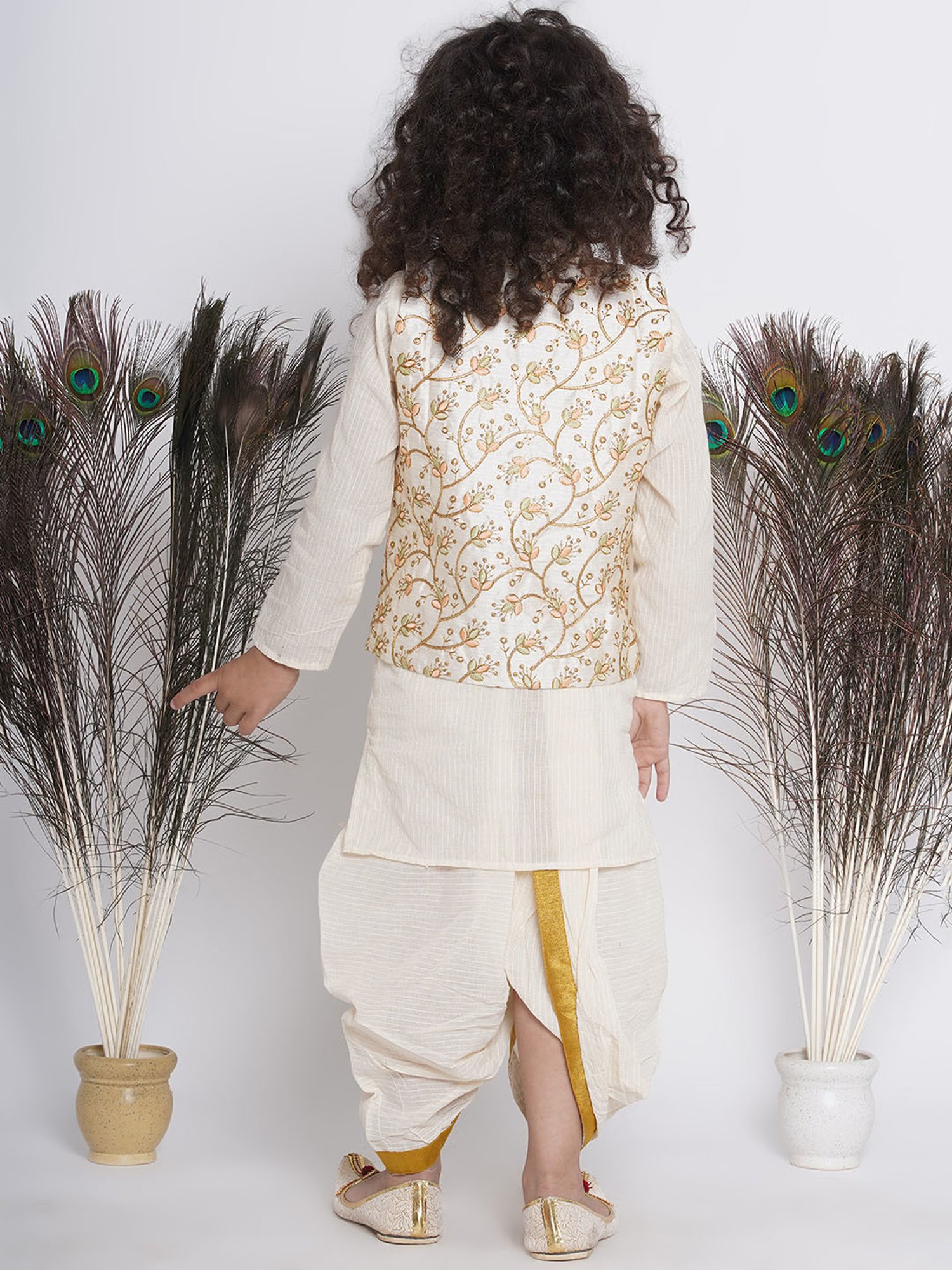 Little Bansi Kids Cream Embroidered Full Sleeves Kurta , Jacket with Dhoti