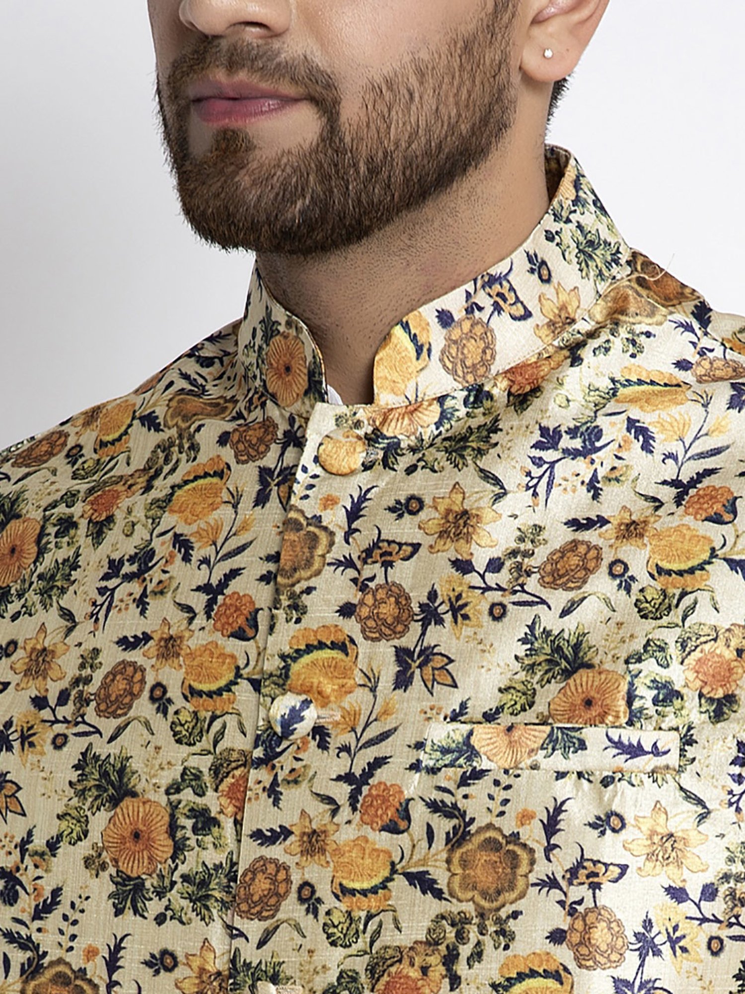 Benstoke Beige Regular Fit Floral Print Nehru Jacket
