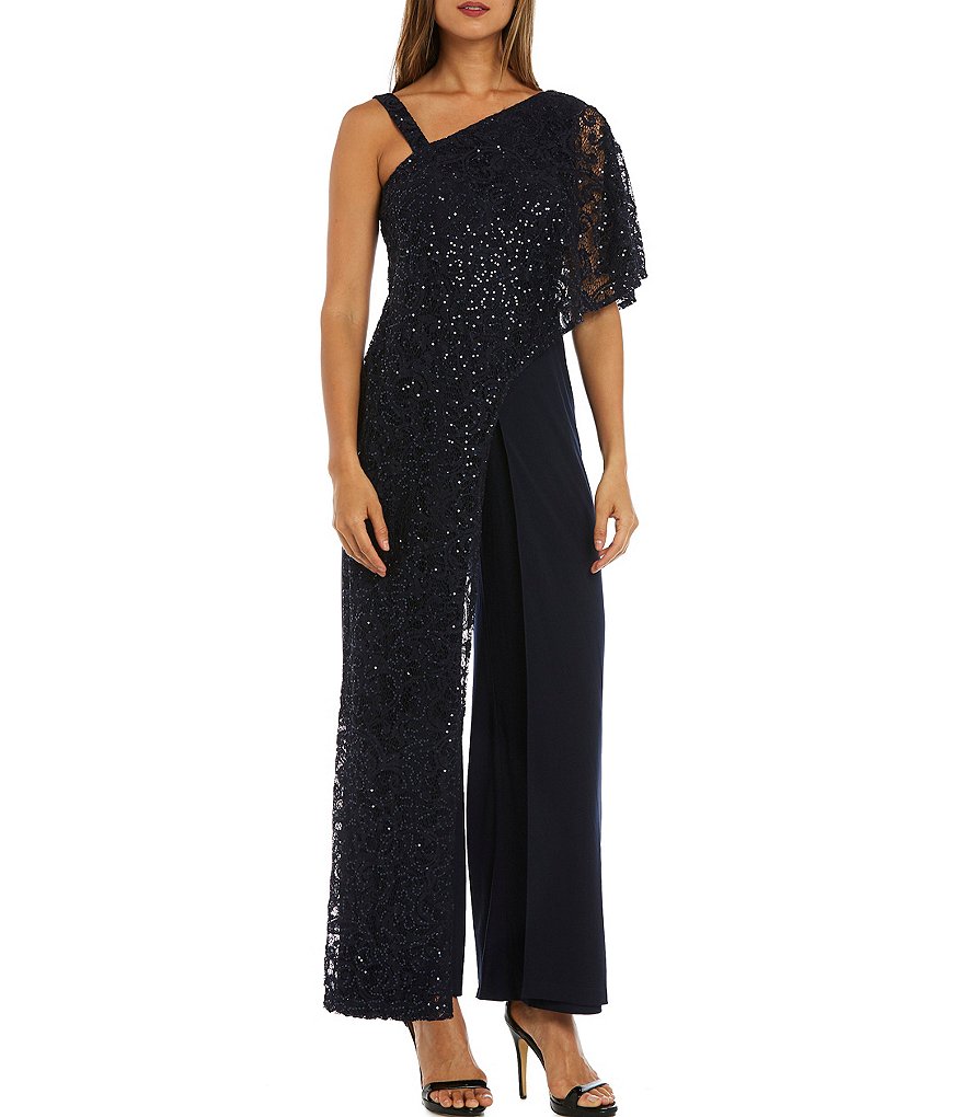 R & M Richards Embroidered Sequin One Shoulder Jumpsuit