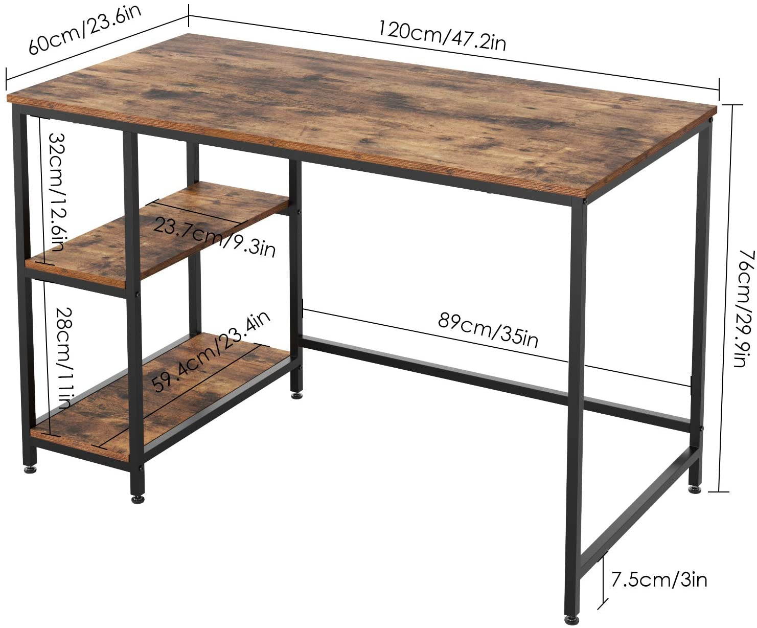Computer Desk with 2 Shelves, 47 in Length Study Writing Table, 2-in-1 Large Office Desk with Metal Legs, Adjustable feet, Modern Furniture for Home Office, Study Room-Rustic Brown