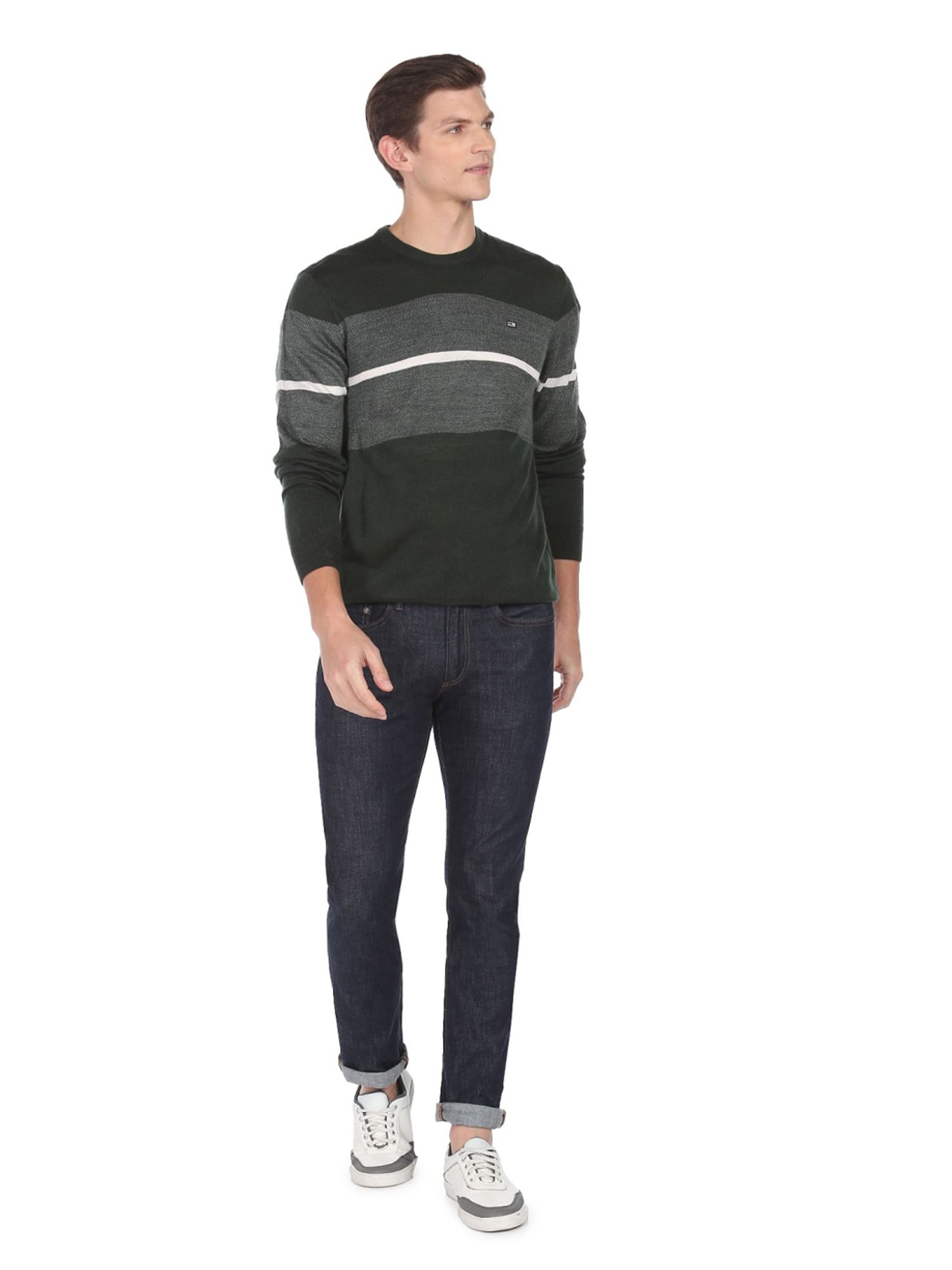 Arrow Sport Olive Regular Fit Striped Sweater