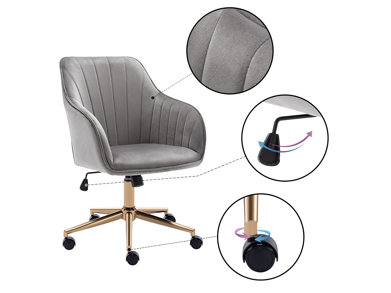 Swivel Height Adjustable Task Chair with Arms Velvet Upholstered Office Chair