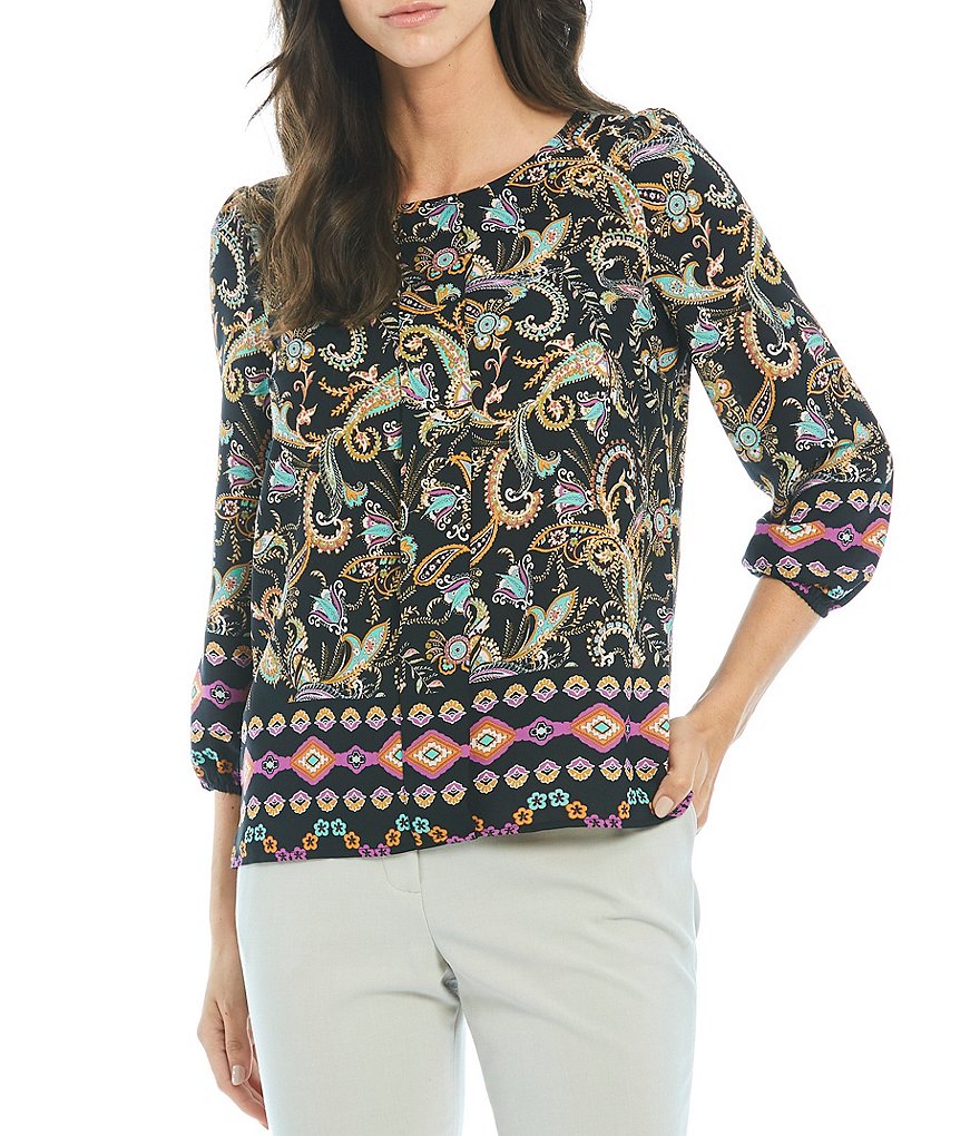 Tahari ASL Printed Georgette Crew Neck 3/4 Sleeve Pleat Front Smocked Top