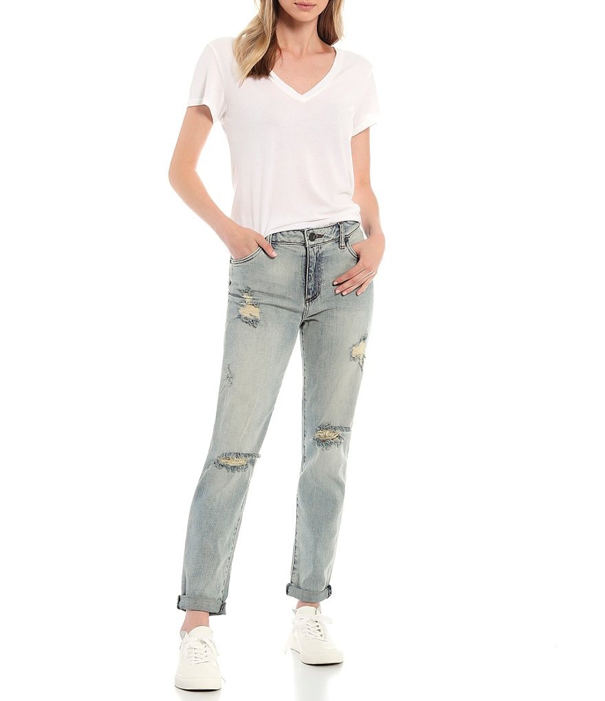 KUT from the Kloth Catherine High Rise Destruction Detail Roll Up Boyfriend Jeans