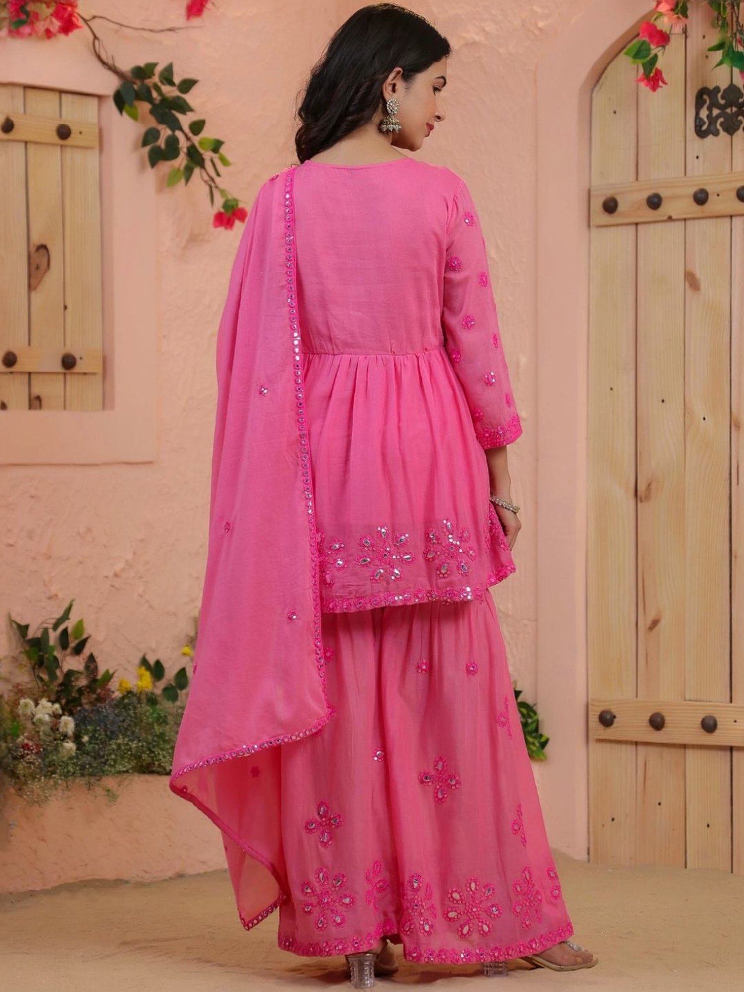 Scakhi Coral Mulmul Mirror & Sequin Embroidered Peplum Kurta with Sharara and Dupatta