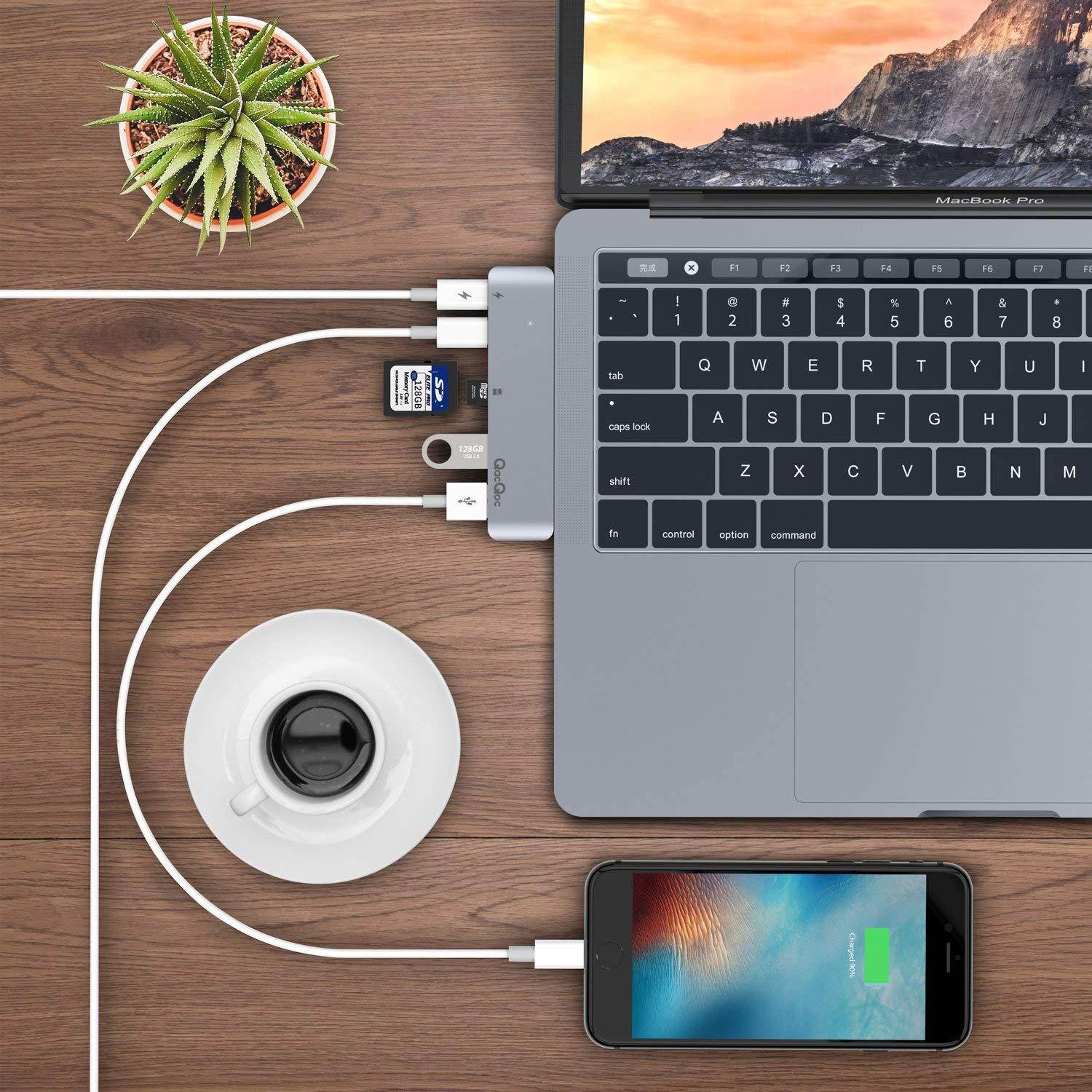 QacQoc USB C Hub, Aluminum USB Type-C Adapter with 40Gbs Thunderbolt 3,Type C Data Transfer,SD/Micro Card Reader and 2 USB 3.0 Ports,Compatible with 2016/2017/2018 MacBook Pro 13" and 15" (28A Grey)