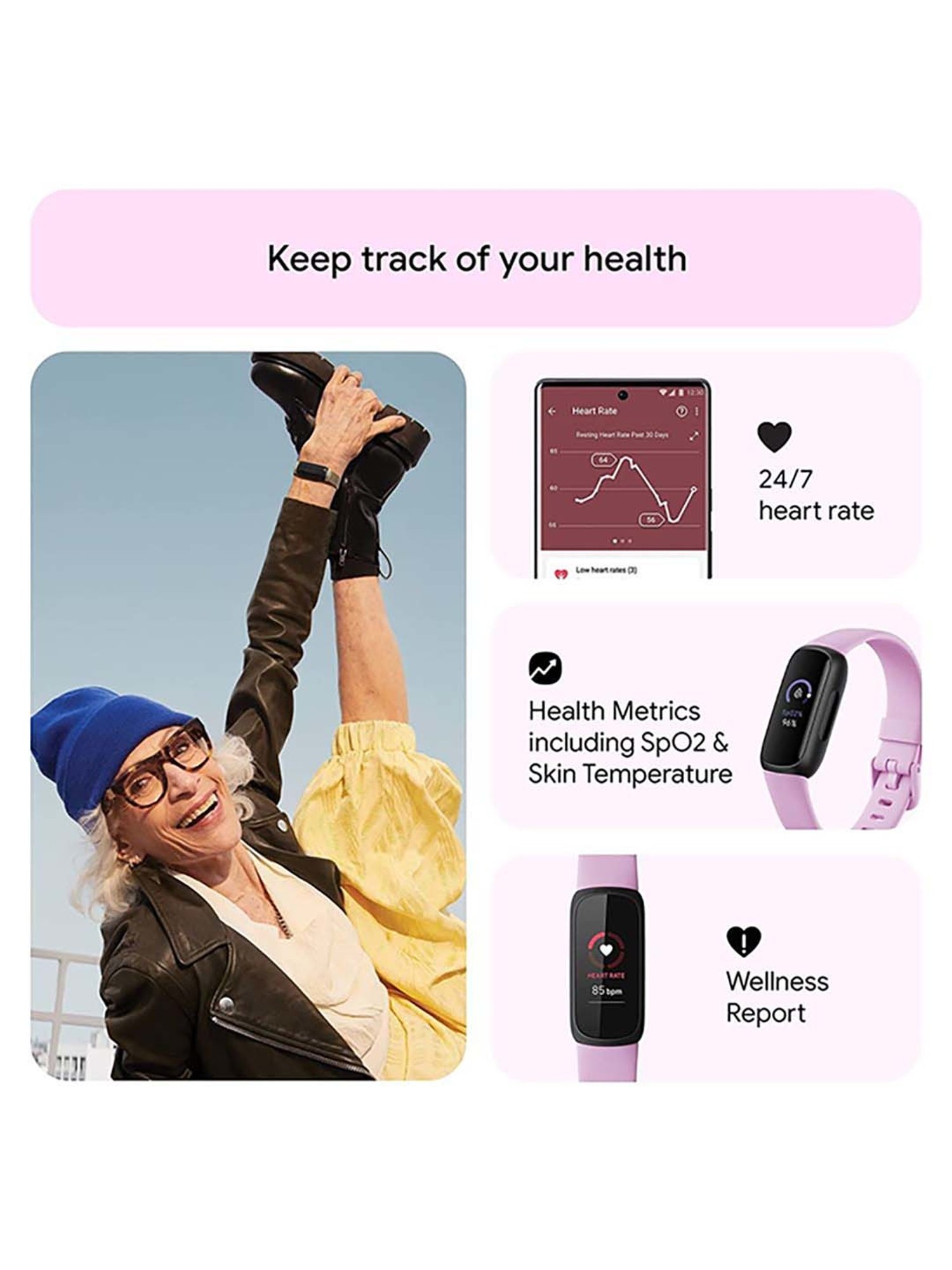 Fitbit Inspire 3 Health & Fitness Tracker Smartband (Lilac Bliss / Black)