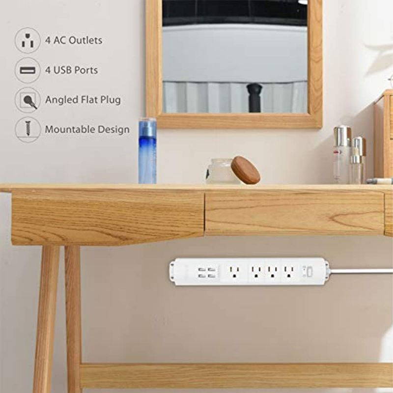 TROND Surge Protector Power Strip with USB, 4 AC Outlets & 4 USB Ports, Right-Angle Flat Plug & 6ft Long Cord, Wall Mount for Workbench, Nightstand, Dresser, Home, Office, Desk, White
