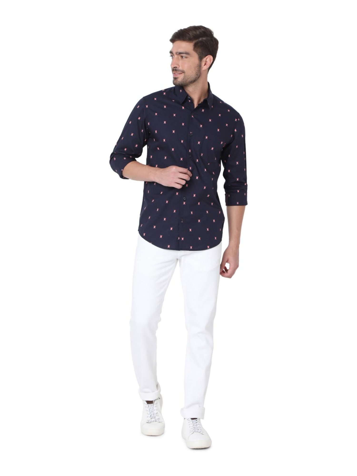 Mufti Navy Cotton Slim Fit Printed Shirt