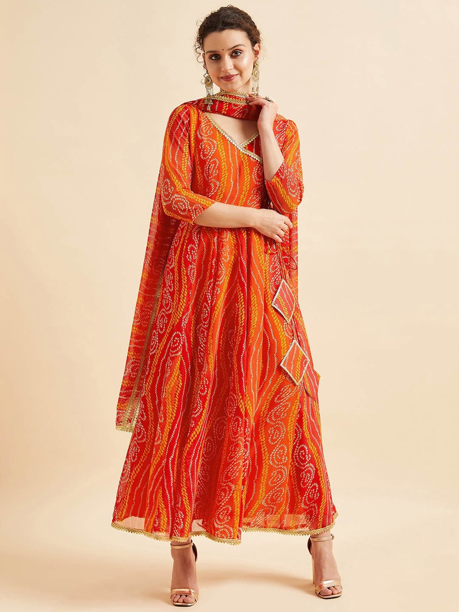 PANIT Orange Printed Ethnic Dress With Dupatta