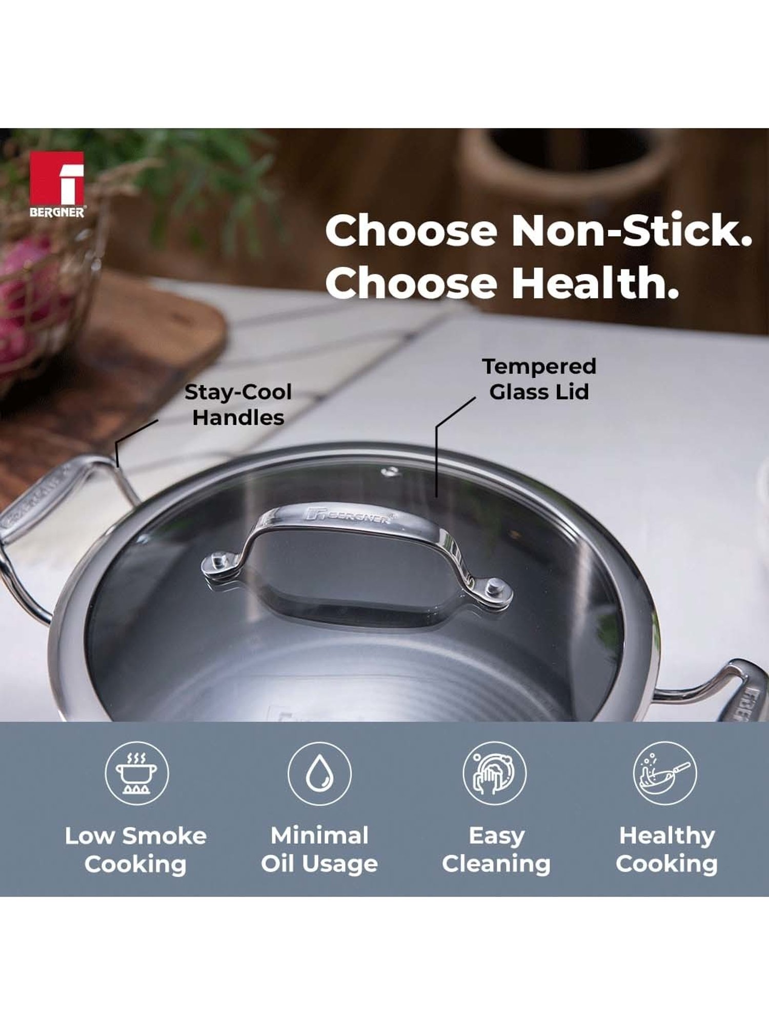 Bergner Hitech Triply Silver Stainless Steel Non Stick 28 cm Casserole With Glass Lid (8.2 L)